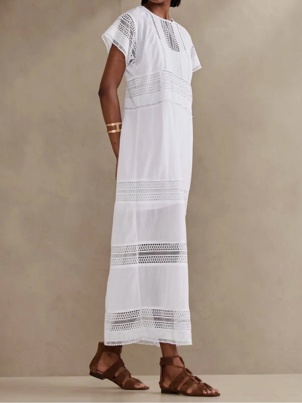 Banana Republic White Lace Inlay Crochet-Panel Maxi Dress Sz M NWT